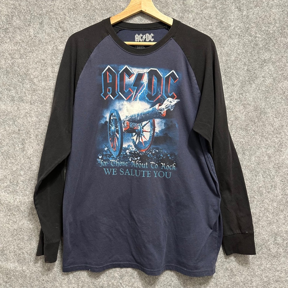 AC/DC Graphic T-Shirt Mens XL Blue Black Raglan Rock Band Long Sleeve Cannon Tee